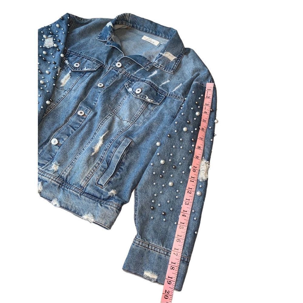 Elan Distressed Blue Denim Jacket with Pearl Embellishments - Picture 12 of 14